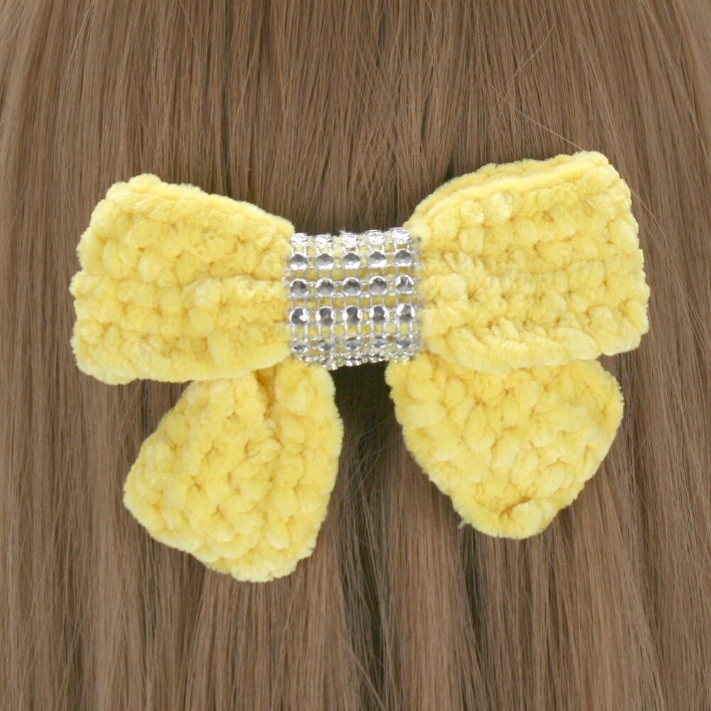 HAND CRAFTED Crochet Bow Chenille Velvet Hair Barrette Oversized Bling Yellow